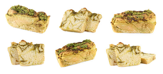 Collage with freshly baked pesto bread isolated on white, loaf and pieces