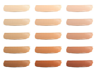 Different shades of liquid skin foundation on white background, top view. Set with samples of makeup product