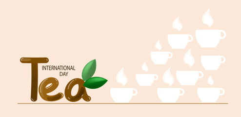 International tea day horizontal banner. Cartoon kawaii character tea cup 3d vector illustration