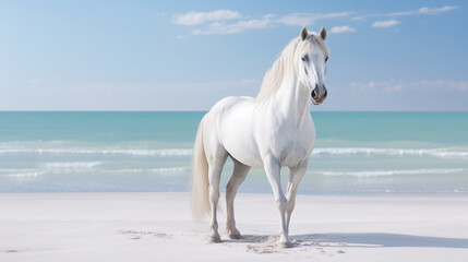 A Beautiful White Horse on a White Sand Beach with a Crystal Blue Ocean Behind it - Light Blue Pastel Color Tones - Calm, Quiet, and Peaceful Setting
