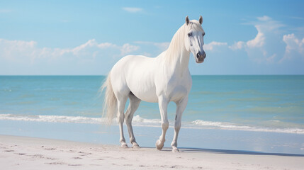 Obraz na płótnie Canvas A Beautiful White Horse on a White Sand Beach with a Crystal Blue Ocean Behind it - Light Blue Pastel Color Tones - Calm, Quiet, and Peaceful Setting