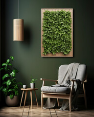 Living room decorated ecologically sustainable. Reading space in a living room in a simple and creative style with plant decoration and a nature-themed painting.