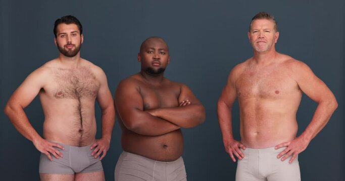 Men, body positive and face with diversity, community and people in studio and underwear. Portrait, group and grey background with friends, confidence and pride together with solidarity and model