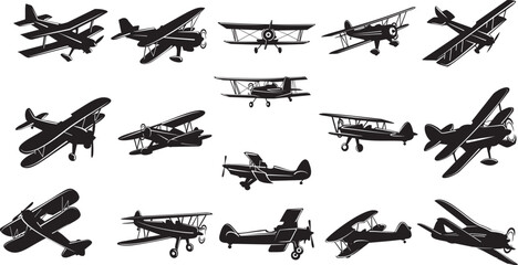 Set of biplane Silhouettes, isolated vector of old aeroplane 

