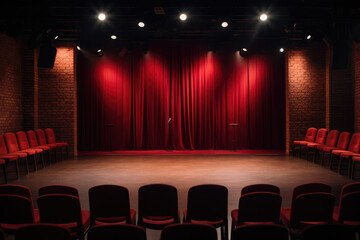 A view of an empty stage of a comedy club with open mic, waiting for performers, chairs setup for audience, theater atmosphere reigns. Nobody