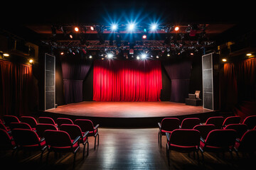 A view of an empty stage of a comedy club with open mic, waiting for performers, chairs setup for audience, theater atmosphere reigns. Nobody