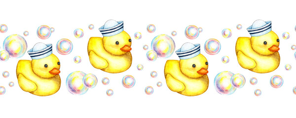 Watercolor illustration horizontal pattern of a small yellow carved sailor duck and soap bubbles. Bath time. Clip art for fabric textile baby clothes, wallpaper, wrapping paper, packaging, design. 