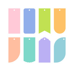 A set of illustrations of decorative icons in the shape of colorful tags, labels, banners, and bookmarks. It is used as a design template source for messages, event contents, etc.