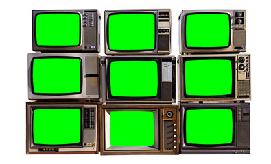 Nine antique TVs, Vintage old televisions with chroma key green screen for designers, isolated on white background with clipping path.