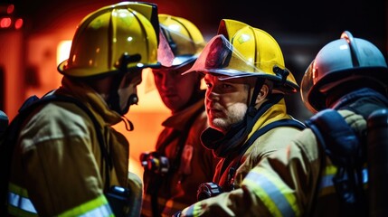 Close-up. Caucasian firefighters with serious countenance, in the middle of an emergency situation. The tension is reflected in their faces.