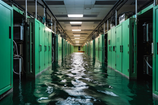 Datacenter being flooded. Water flooding the supercomputer array, IT damage
