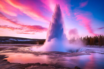 Geyser eruption in a national park, pink clouds in the background at sunset, magical view