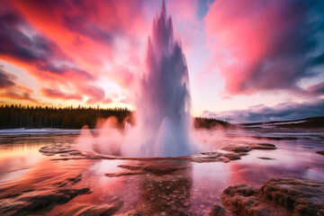 Geyser eruption in a national park, pink clouds in the background at sunset, magical view