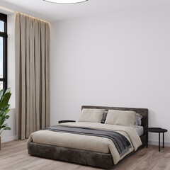 Bedroom in trend light color taupe ivory white and beige brown. Empty paint background wall and a velor bed. Modern luxury interior design home or hotel apartment and rich furniture. 3d render