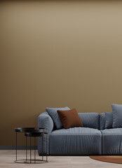 Living room or reception hall scene in deep dark colors. Combination of blue and chocolate brown. Empty wall blank - beige background and dark navy couch. Luxury or premium minimal style. 3d rendering