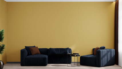 Livingroom lounge in the trendy colors of yellow mustard ochre and navy blue . Large room with dark accent sofa and cozy armchair. Luxury furniture and design. Modern background for art. 3d rendering 