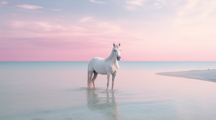 A Beautiful White Horse on a Sandy Beach with a Calming Ocean Behind it - Light Pink, Blue, and Purple Pastel Color Tones - Calm, Quiet, and Peaceful Setting - obrazy, fototapety, plakaty