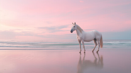 Obraz na płótnie Canvas A Beautiful White Horse on a Sandy Beach with a Calming Ocean Behind it - Light Pink, Blue, and Purple Pastel Color Tones - Calm, Quiet, and Peaceful Setting