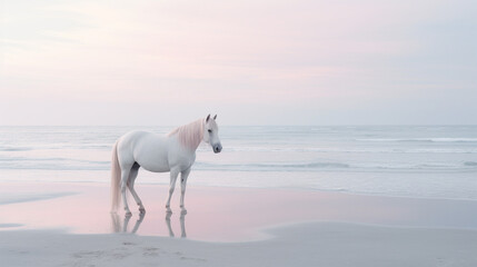A Beautiful White Horse on a Sandy Beach with a Calming Ocean Behind it - Light Pink, Blue, and Purple Pastel Color Tones - Calm, Quiet, and Peaceful Setting