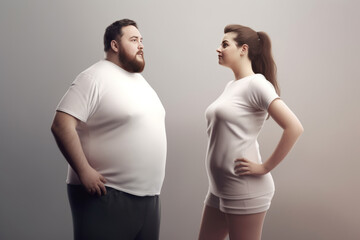 Overweight couple in white home clothes looking at each other on grey background