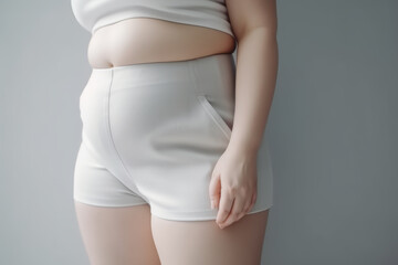 Overweight woman in white shorts belly fat, obesity concept, close-up