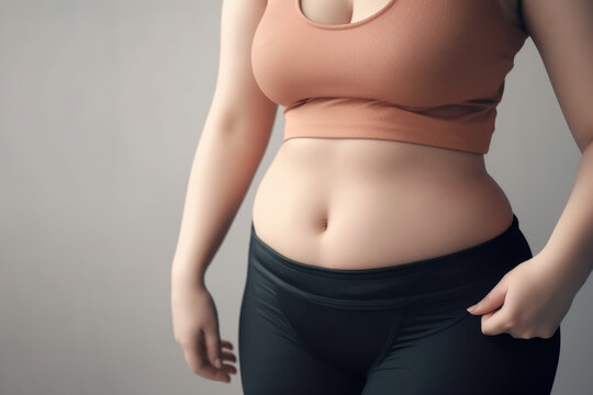 Close-up view of a plus size woman in sports clothes showing a belly with fat pad, obesity concept