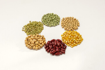 Assortment of dry legumes in a circle, beans, peas, and lentils variety