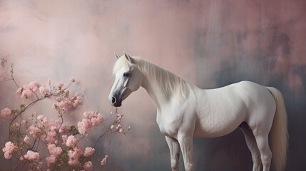 Obraz na płótnie Canvas Simple and Minimalist White Horse or Stallion - Against a Pink Pastel Venetian Plaster Background - with Rose Colored, Textured Backdrop - Muted Surrealism Color Tones