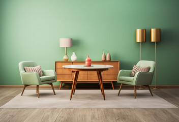 Mint color chairs surrounding a round wooden dining table