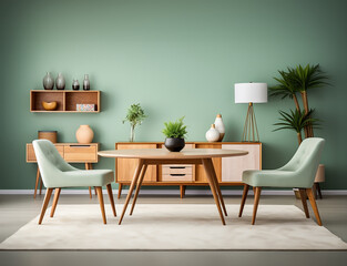 Mint color chairs surrounding a round wooden dining table
