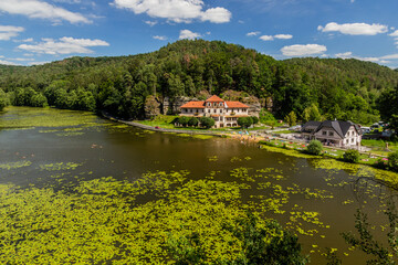 Obraz premium People swimming in Harasov pond, Czech Republic