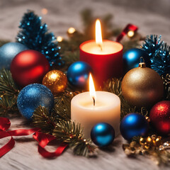 Christmas illustration with burning candles, Christmas tree branches, colored balls and other decorations. Generative AI