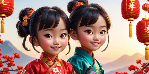 Beautiful Chinese New Year illustration with two smiling children dressed in national festive clothes, with red sky lanterns and other holiday symbols. Generative AI