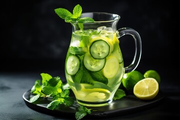 a pitcher of lemonade with cucumber and mint leaves
