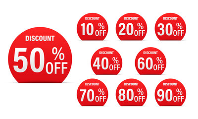 Discount price tag, Price 10 20 30 40 50 60 70 80 90 percent, red and white discount promotion sticker badge set for shopping marketing, advertisement clearance, element, Vector illustration