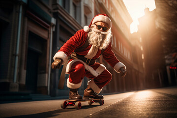 modern santa claus with glasses and urban style riding a skateboard through the streets of the city © Ignacio Carrera
