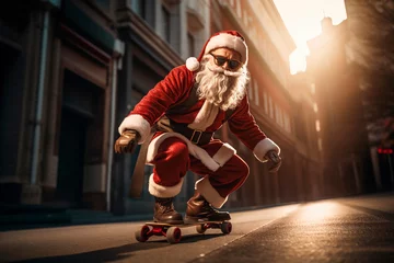 Zelfklevend Fotobehang modern santa claus with glasses and urban style riding a skateboard through the streets of the city © Ignacio Carrera