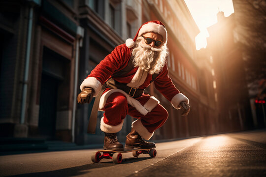 modern santa claus with glasses and urban style riding a skateboard through the streets of the city