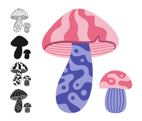Mushroom stylizes retro hippie porcini set. Colored, silhouette shape or symbol doodle tattoo, line ornate edible mushrooms. Psychedelic fantastic fungus stickers retro alchemy vector collection