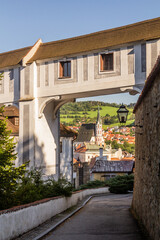 Bridge to castle garden in Cesky Krumlov town, Czech Republic