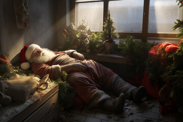 Old tired chubby Santa Claus sleep and relax in dirty room beside window and light beam, which...