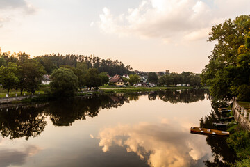 Fototapeta premium Evening view of Luznice river in Kolodeje nad Luznici village, Czech Republic