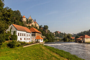 Fototapeta na wymiar View of Bechyne town and Dolni mlyn weir at Luznice river, Czech Republic