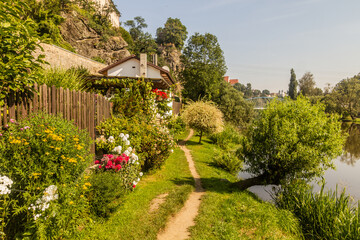 Fototapeta premium Path in Bechyne town along Luznice river, Czech Republic