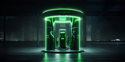  HD gasoline petrol pump with green light glowing on it - obrazy, fototapety, plakaty