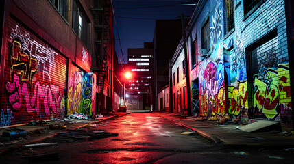 グラフィティだらけの夜の路地裏