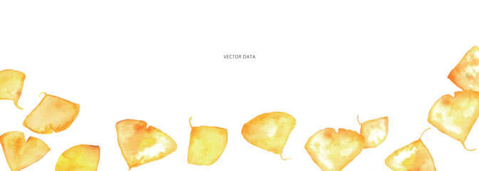 水彩画。水彩タッチのイチョウの葉っぱベクターイラスト。秋の黄色い葉っぱイラスト。Watercolor painting. Ginkgo leaf vector illustration with watercolor touch. Autumn yellow leaves illustration.