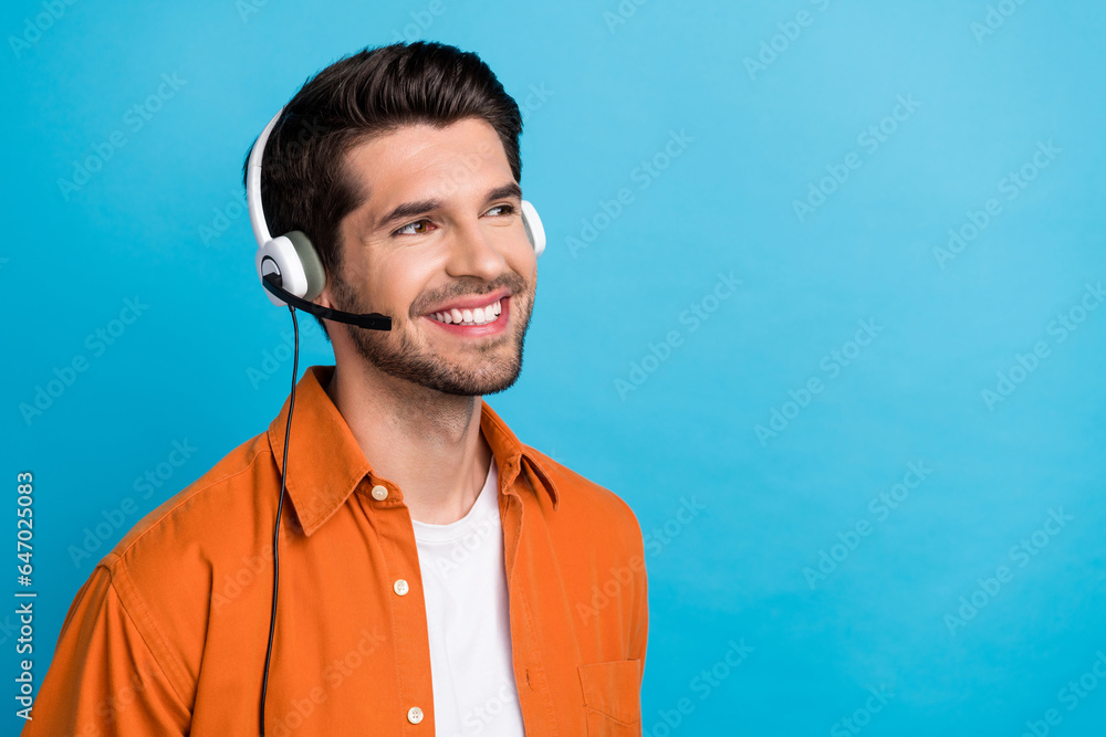 Aufkleber portrait of positive cheerful person beaming smile communicate clients headset look empty space ad i