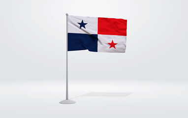 3D illustration of a Panamanian flag extended on a flagpole and a studio backdrop in the background.