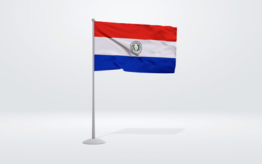 3D illustration of a Paraguayan flag extended on a flagpole and a studio backdrop in the background.
